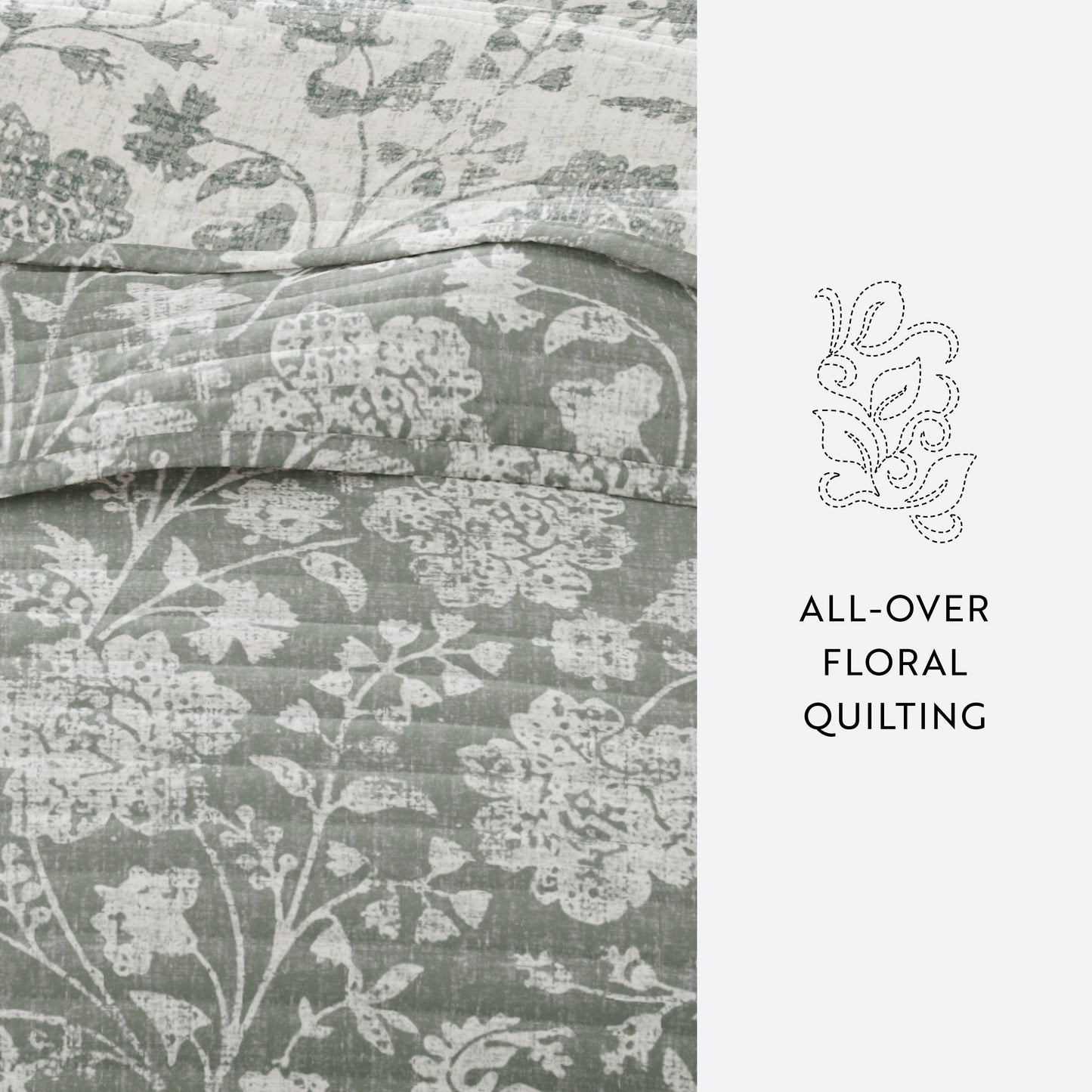 Textured Floral All Season Patterned Reversible Quilt Set: Eucalyptus / King/Cal-King