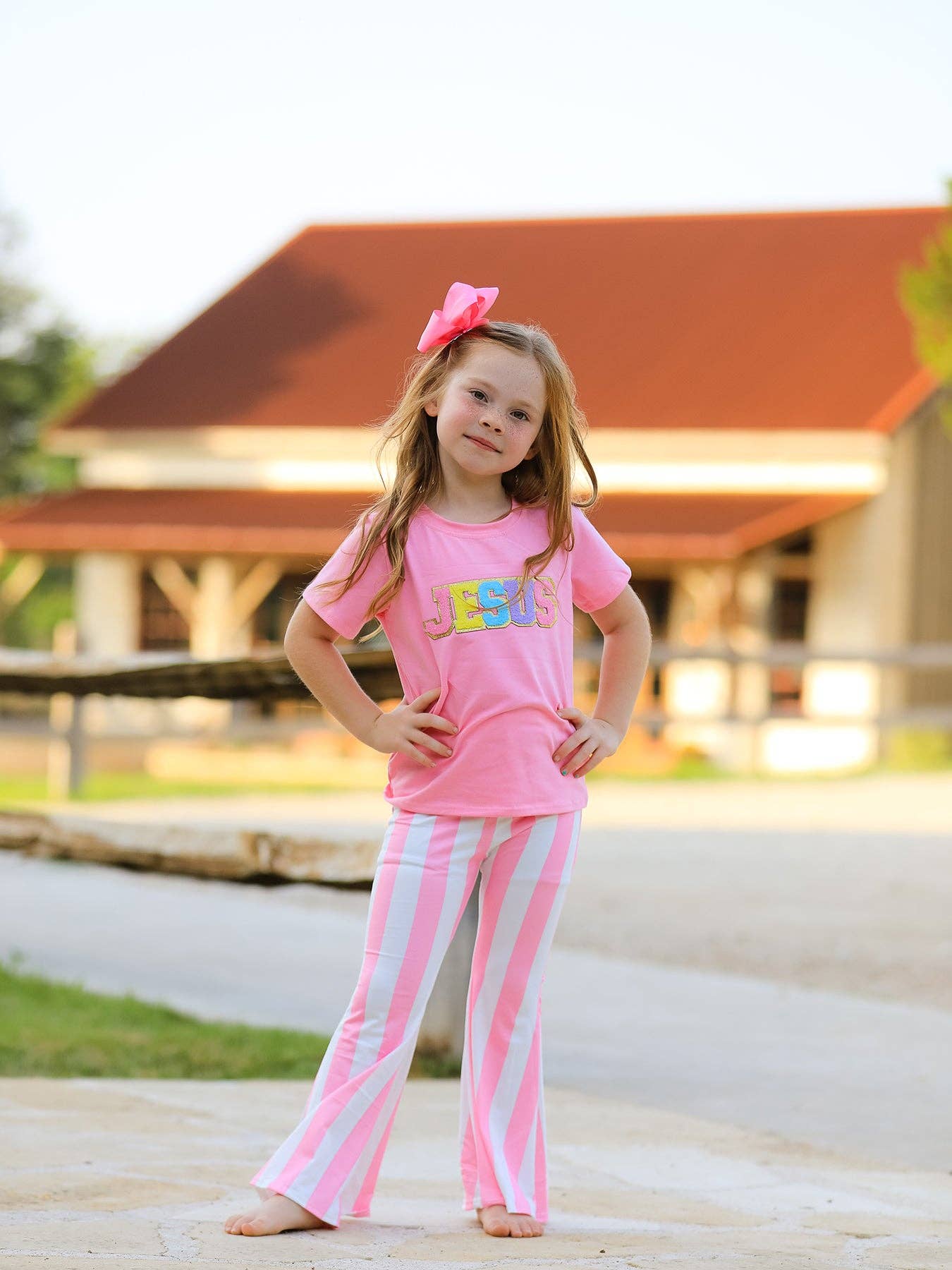 "JESUS"Girls' Applique Striped Trousers Set: 8/9Y