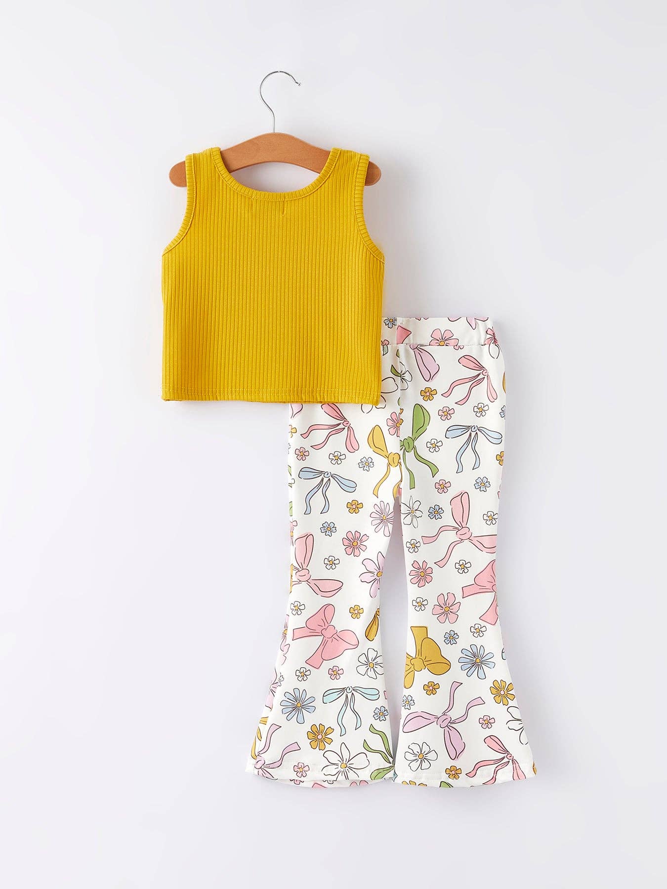 Yellow Girls Top Bow Floral Print Bell Bottom Pants Set: 2