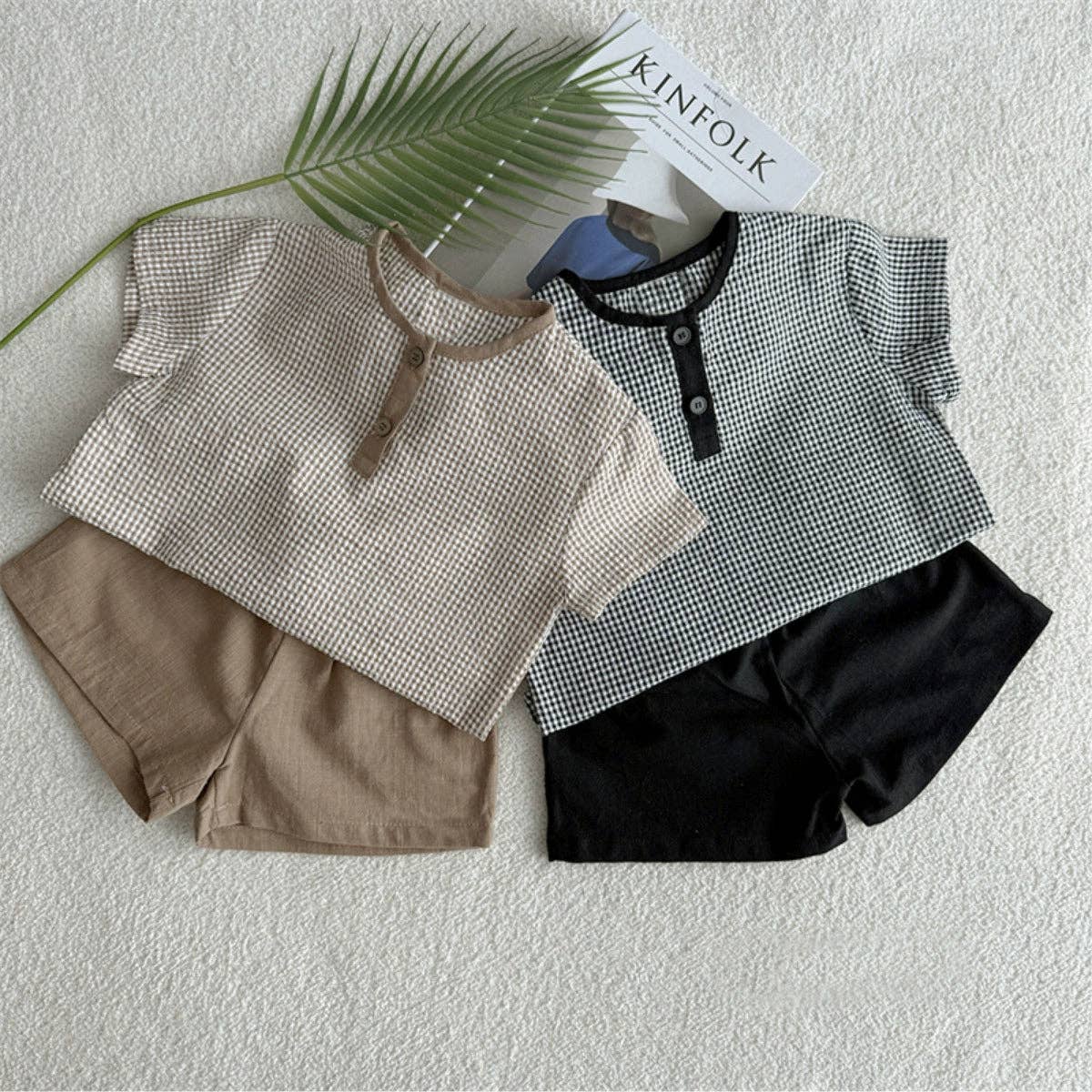 Summer Hot Selling Baby Kids Unisex Short Sleeves Plaid Pattern Shirt and Plain Shorts Clothing Set: Brown / 90 (12-24M)