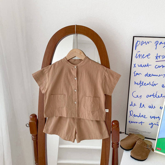 Baby Kids Boys Plaid/Solid Short Sleeves Top Shirt And Shorts Casual Clothing Set: Coffee / 90 (12-24M)