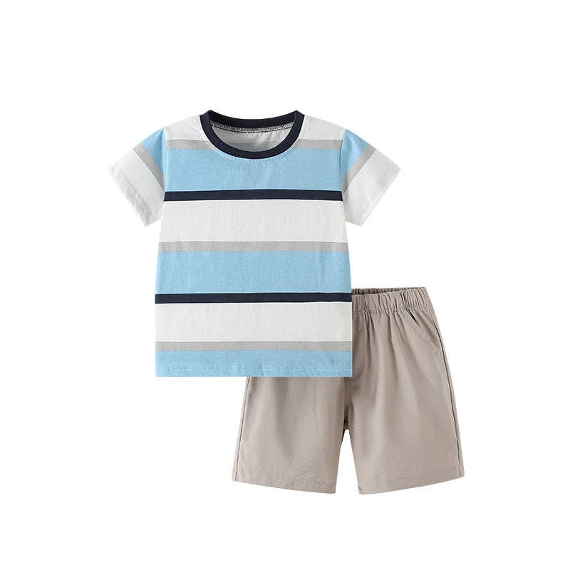 Summer Baby Kids Casual Striped Pattern T-shirt and Shorts Clothing Set for Boys: Blue / 110 (3-5Y)