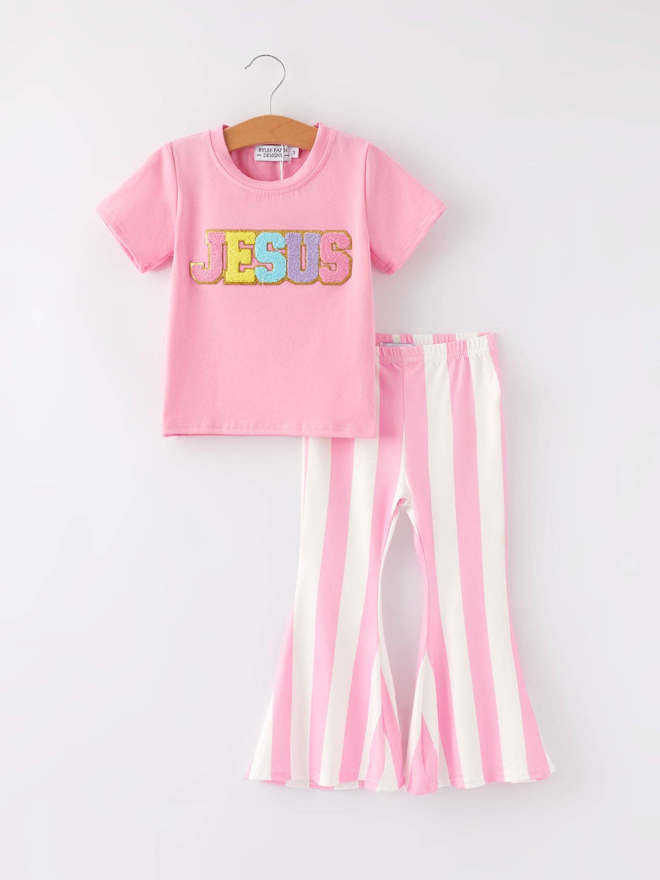 "JESUS"Girls' Applique Striped Trousers Set: 4