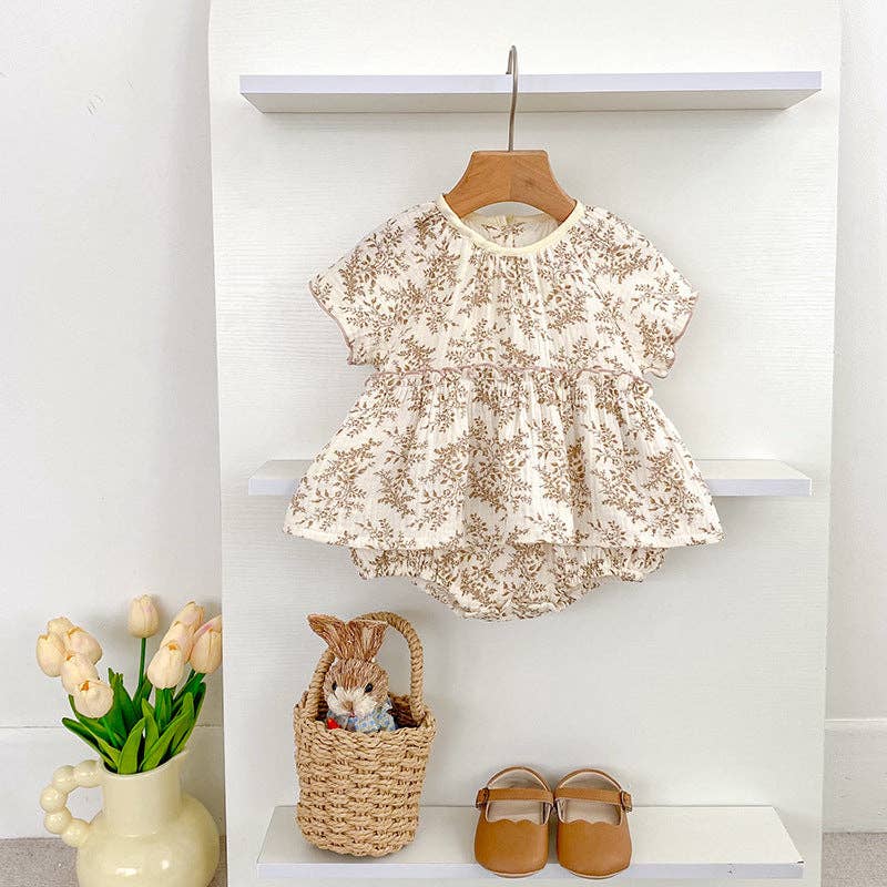 Summer Arrival Thin Floral Pattern Short Sleeves Crew Neck Onesies for Stylish Girls: Khaki / 66 (3-6M)