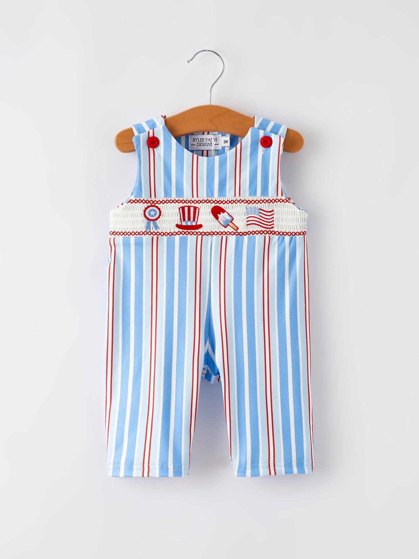 4th of july Toddler Boys Ice Cream Striped Smocking Embroidered Romper: 18M