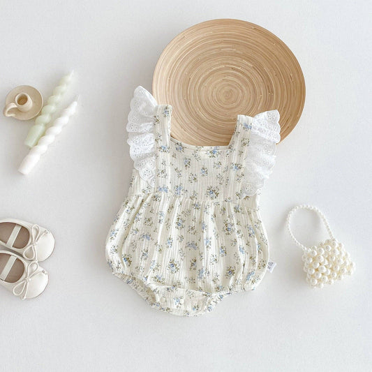 Summer Arrival Baby Girls Floral Pattern Fly Sleeves bodysuit: Beige / 90 (12-24M)