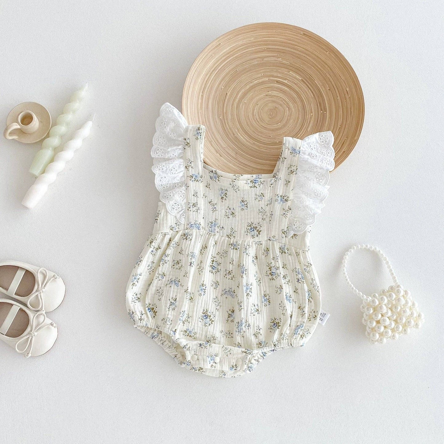 Summer Arrival Baby Girls Floral Pattern Fly Sleeves bodysuit: Beige / 80 (9-12M)