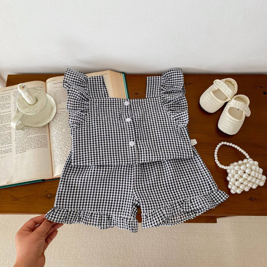Summer Baby Kids Girls Plaid Shirt And Shorts Clothing Set: Black / 90 (12-24M)