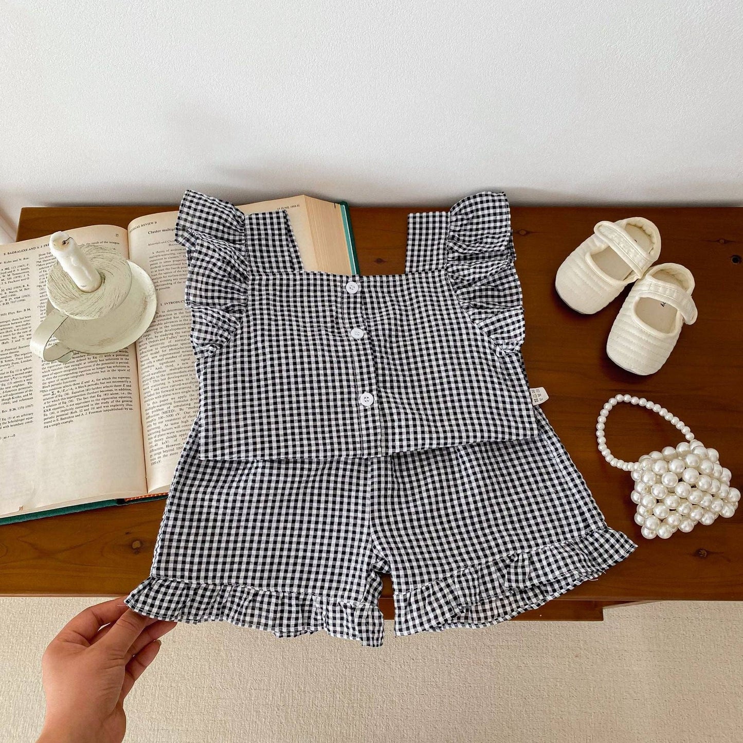 Summer Baby Kids Girls Plaid Shirt And Shorts Clothing Set: Coffee / 110 (3-5Y)