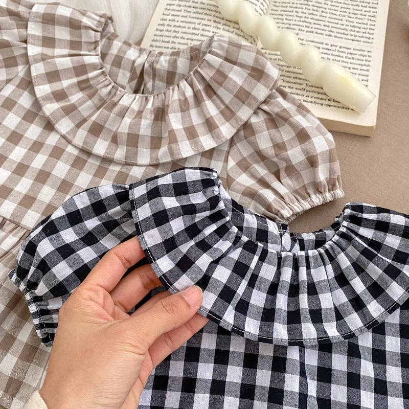 Summer Baby Kids Girls Plaid Short Sleeves Round Collar Top And Shorts Casual Clothing Set: Brown / 80 (9-12M)