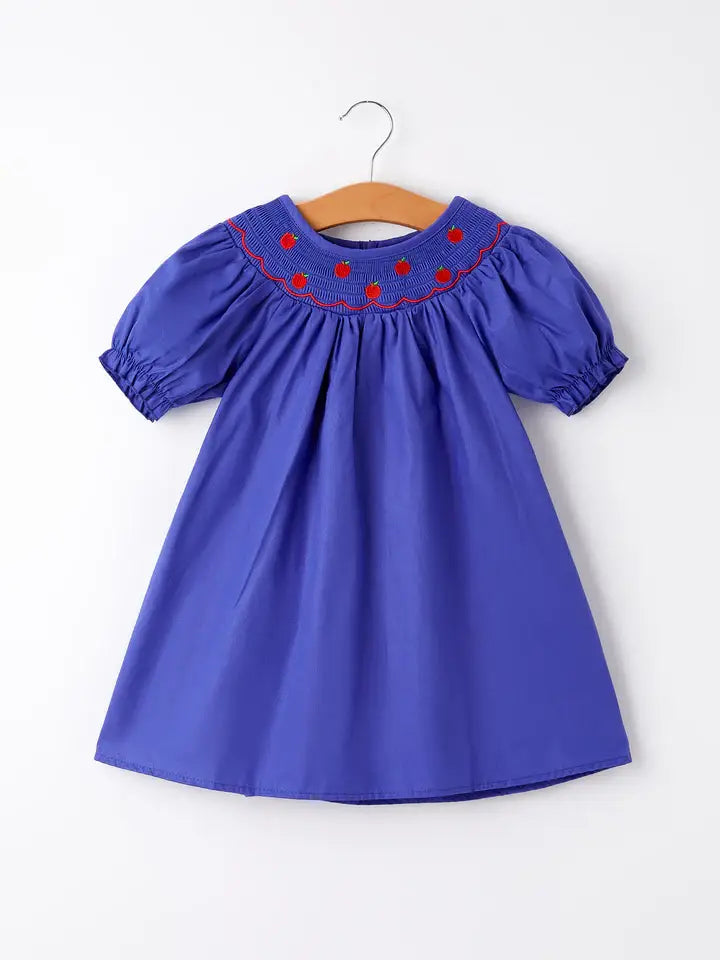 Back To School Apple Embroidery Blue Girls Dress: 3