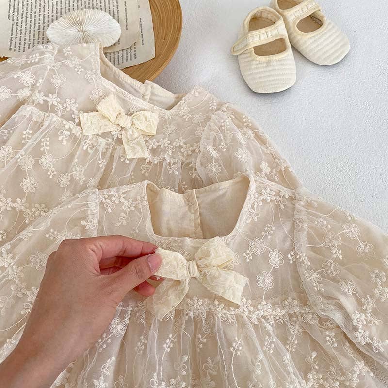 Baby Girl Mesh Patched Design Suqare Neck bodysuit Dress & Dress: Apricot / 80 (9-12M)