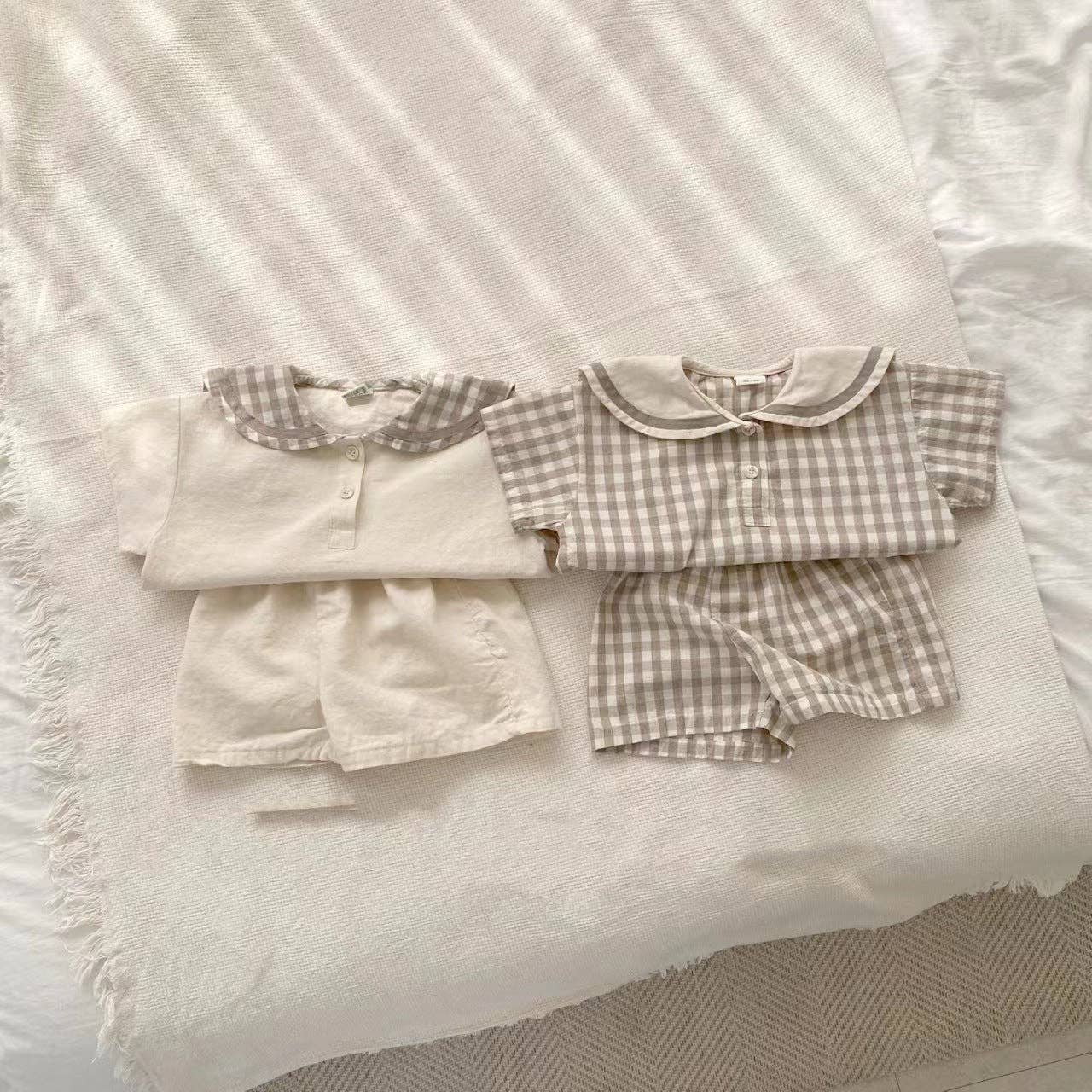 Summer Baby Kids Unisex Plaid Casual Navy Collar T-Shirt And Shorts Clothing Set: Beige / 73 (6-9M)