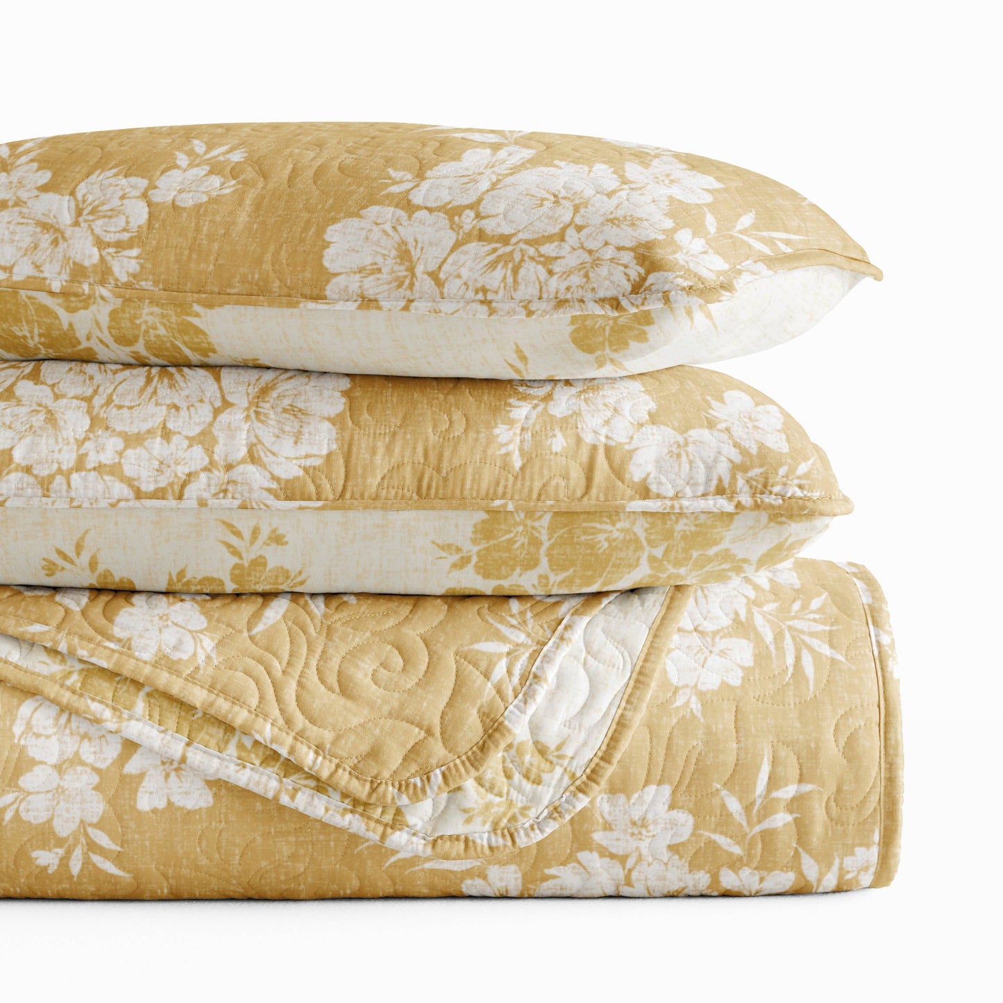 Distressed Bouquet All Season Patterned Reversible Quilt Set: Taupe / Full/Queen