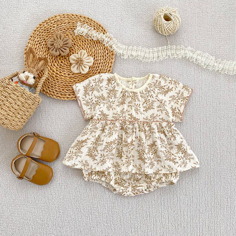 Summer Arrival Thin Floral Pattern Short Sleeves Crew Neck Onesies for Stylish Girls: Khaki / 73 (6-9M)