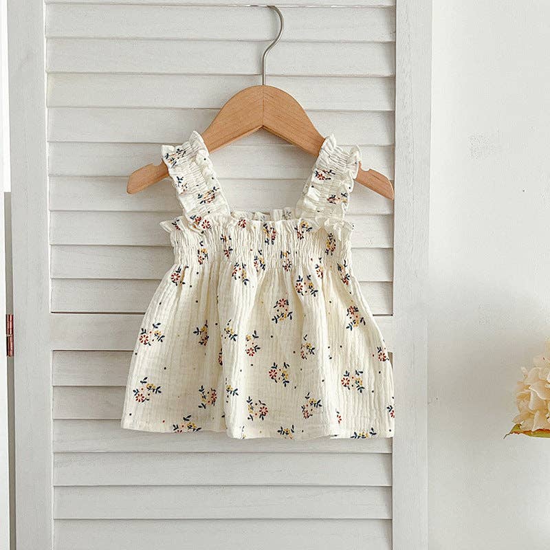 Summer Hot Selling Baby Girls Sleeveless Floral Pattern Strap Top Dress And Shorts Clothing Set: White / 80 (9-12M)