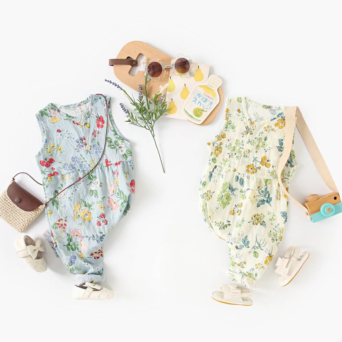 Summer Baby Girls New Design Floral Pattern Sleeveless V Neck Rompers: Blue / 80 (9-12M)