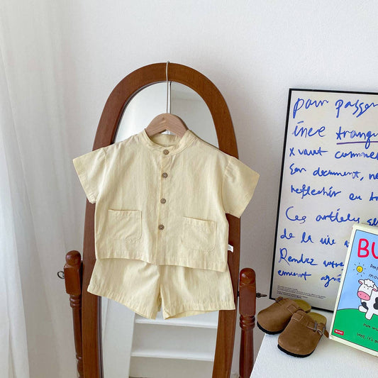 Baby Kids Boys Plaid/Solid Short Sleeves Top Shirt And Shorts Casual Clothing Set: Beige / 90 (12-24M)
