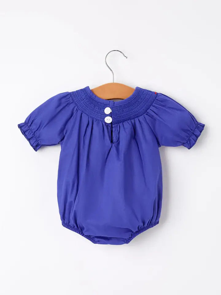 Back To School Apple Embroidery Blue Girls Romper: 18M