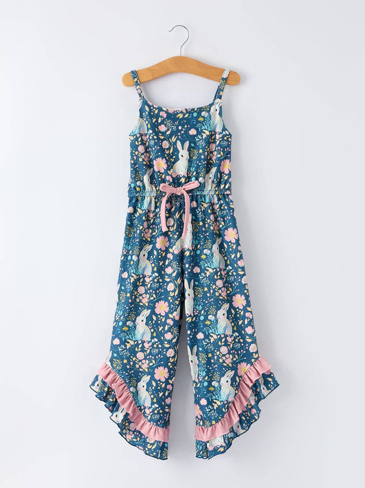 Summer Bunny Floral Girls Bow Ruffle Bell Bottom Jumpsuit: 3
