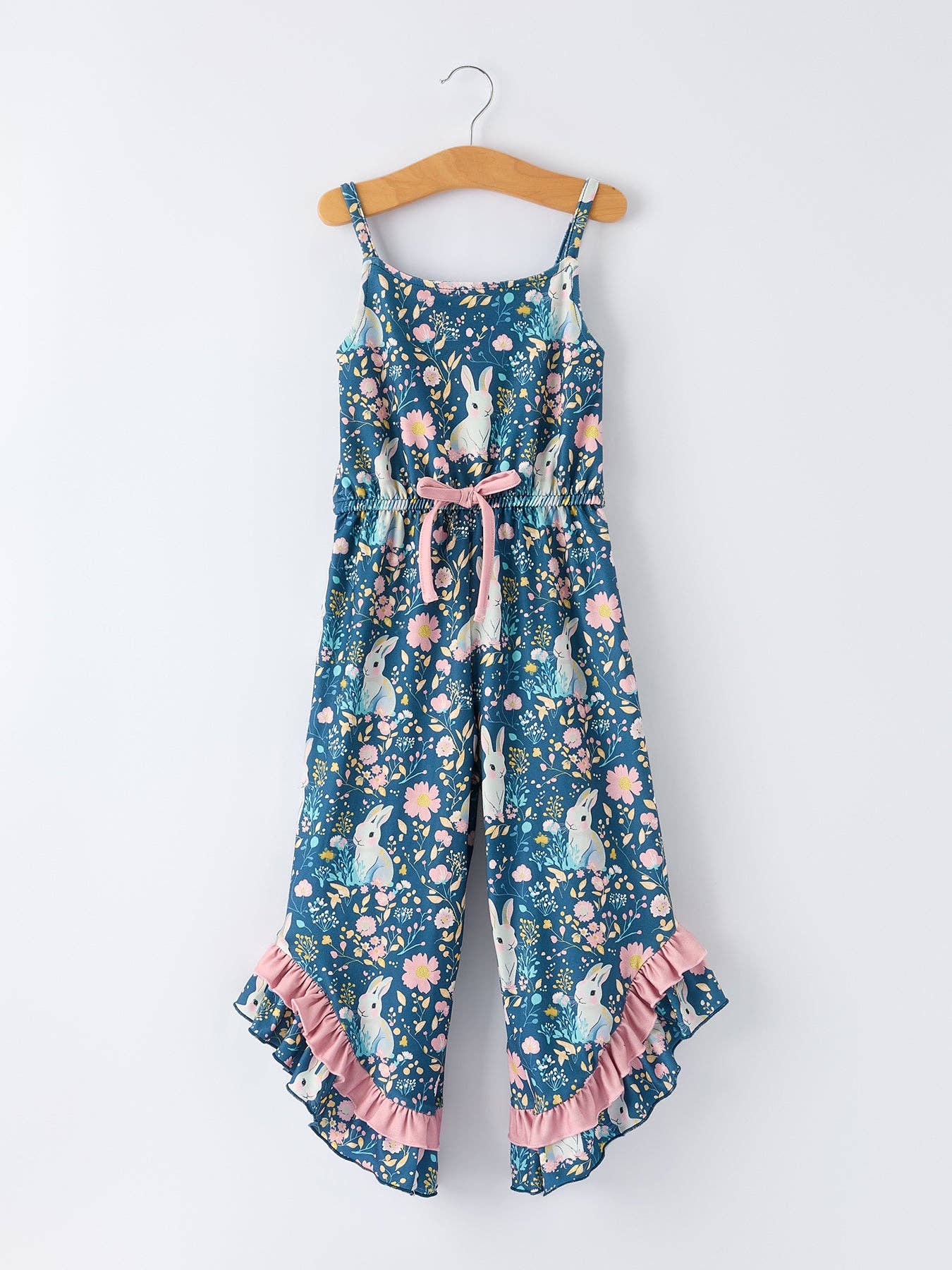 Summer Bunny Floral Girls Bow Ruffle Bell Bottom Jumpsuit: 5