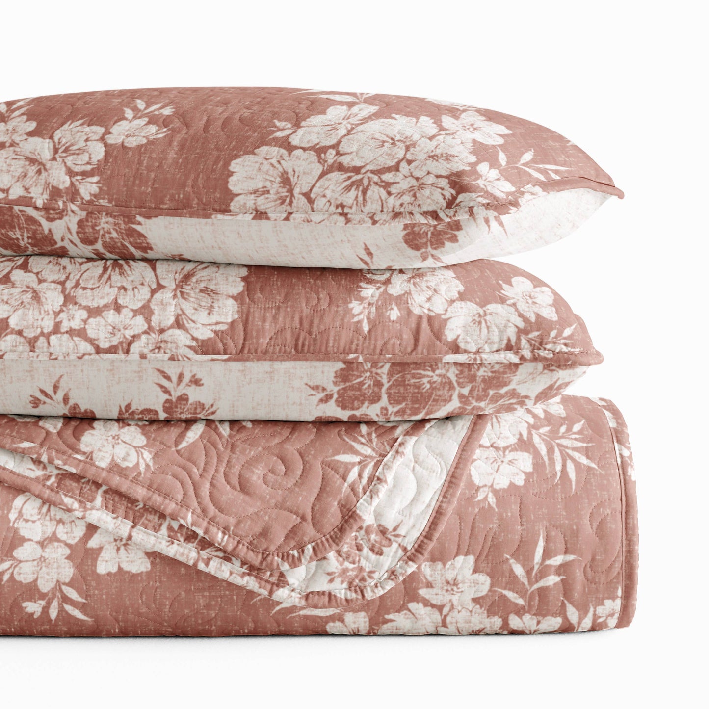 Distressed Bouquet All Season Patterned Reversible Quilt Set: Taupe / Full/Queen