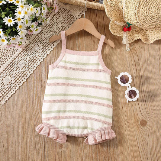 Summer Arrival Baby Girls Cute Thin Striped Pattern Sleeveless Strap bodysuit: Pink / 80 (9-12M)