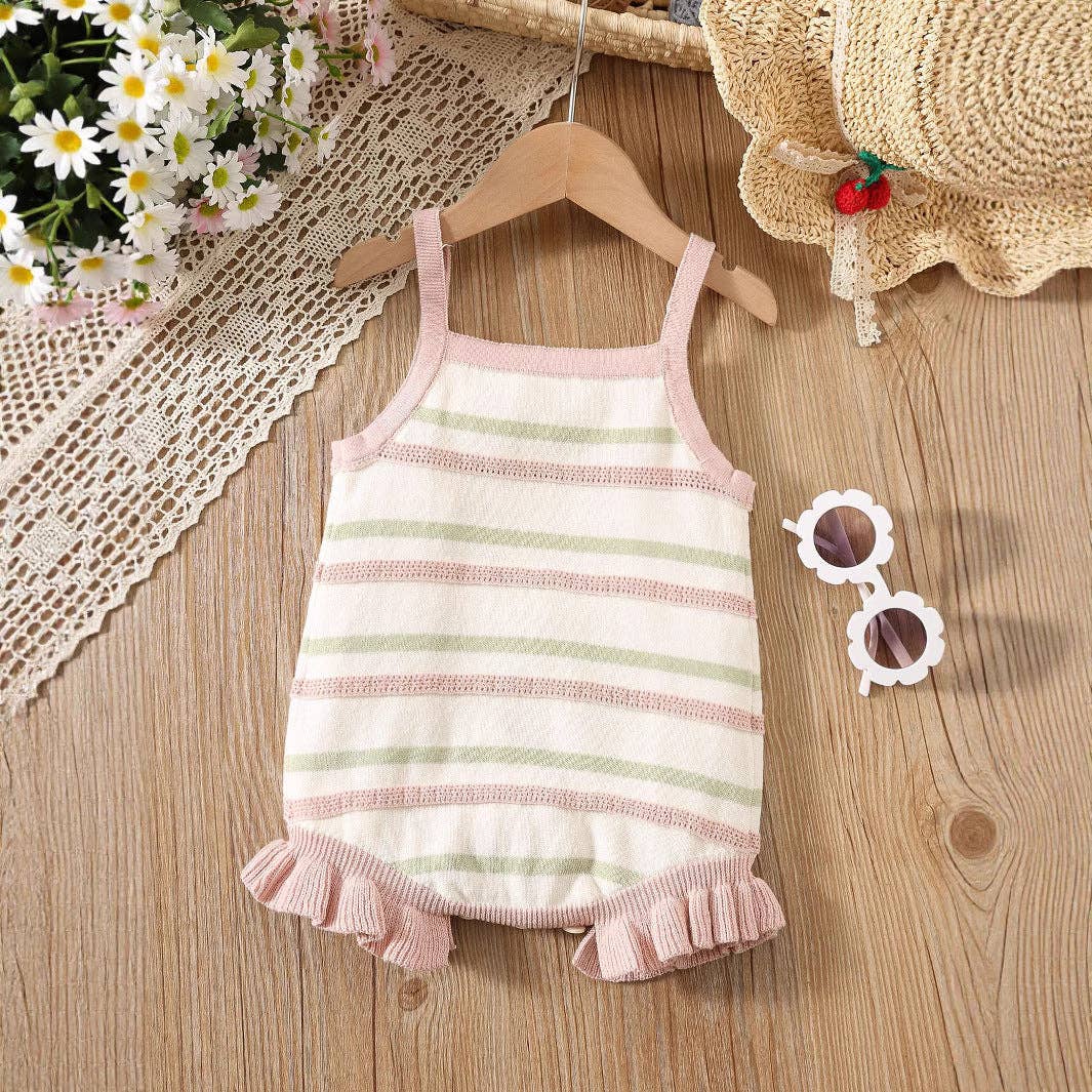 Summer Arrival Baby Girls Cute Thin Striped Pattern Sleeveless Strap bodysuit: Pink / 90 (12-24M)