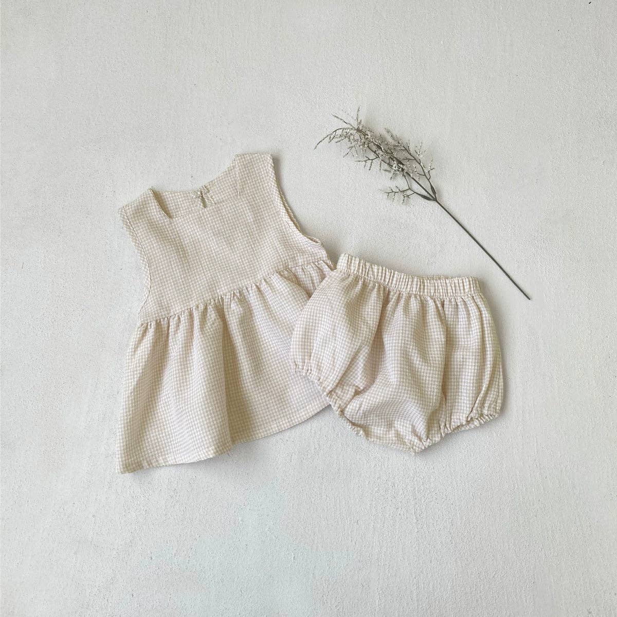 Summer Hot Selling Baby Kids Girls Sleeveless Square Neck Plaid Vest and Shorts Clothing Set: Beige / 80 (9-12M)