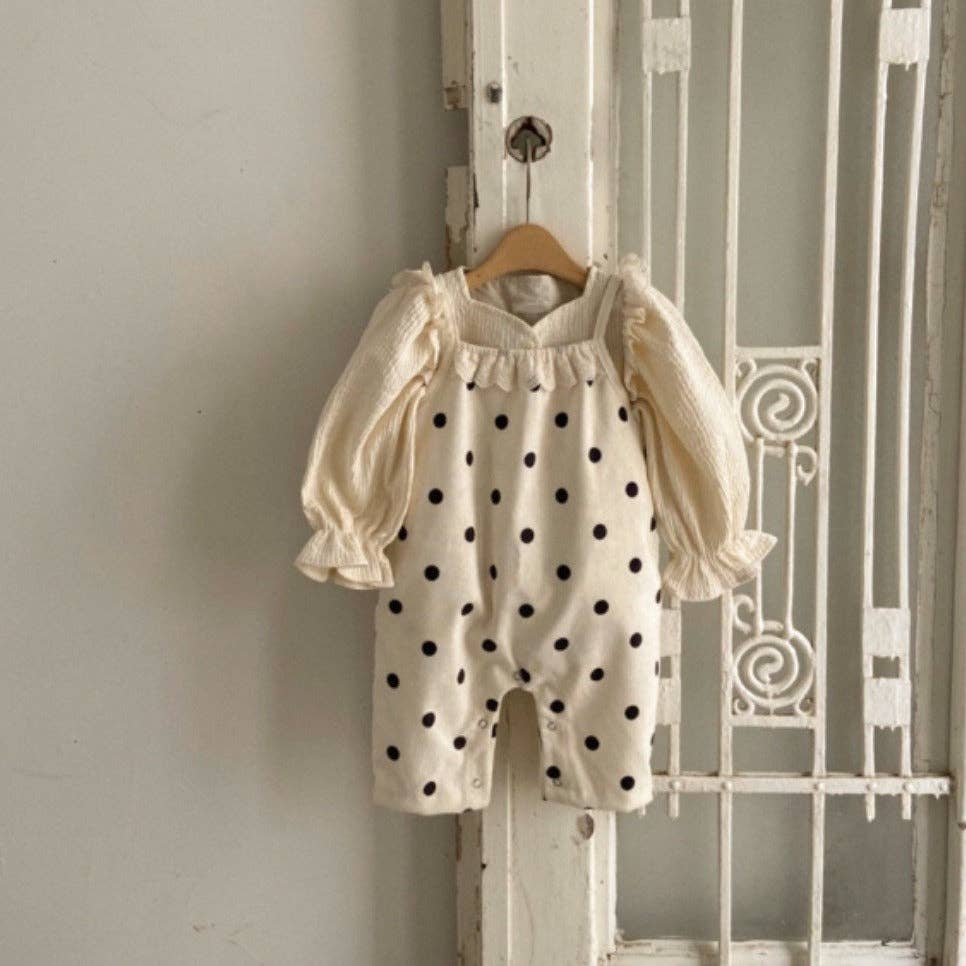Spring Baby Kids Girls Polka Dots Overalls Design Romper: Beige / 90 (12-24M)