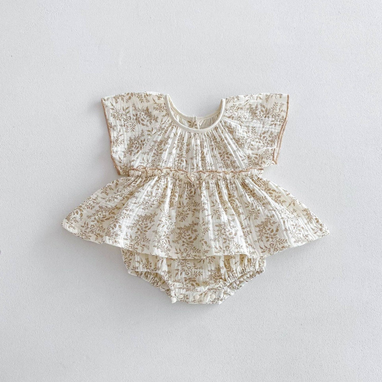 Summer Baby Girls Plain Floral Print Fly Sleeves Princess bodysuit Dress: Apricot / 80 (9-12M)