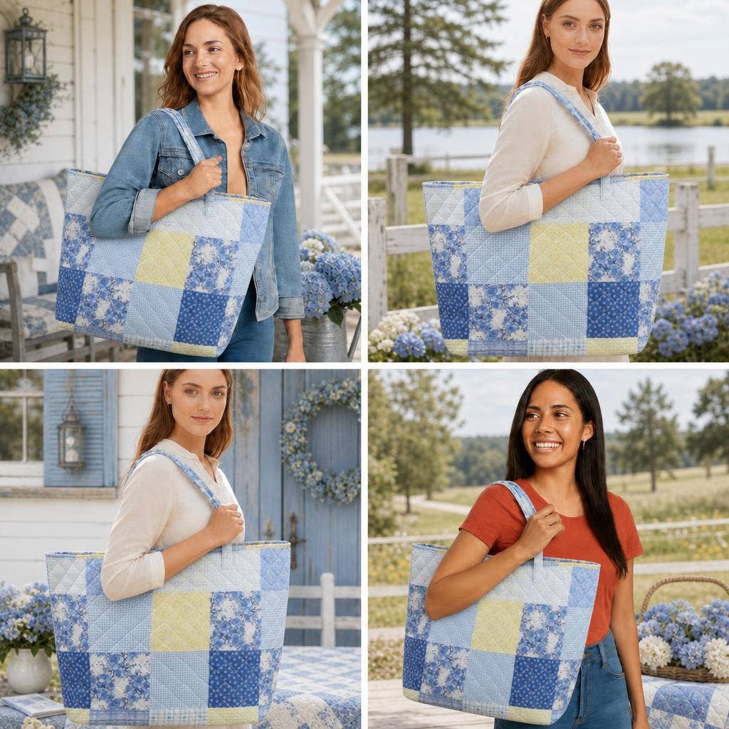 "Garden Walk in Bluebell" Designer Quilted Tote Bag