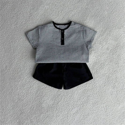 Summer Hot Selling Baby Kids Unisex Short Sleeves Plaid Pattern Shirt and Plain Shorts Clothing Set: Black / 73 (6-9M)