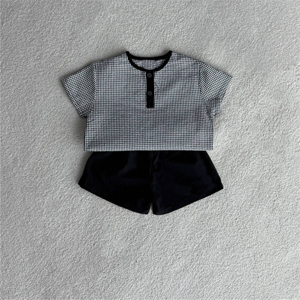 Summer Hot Selling Baby Kids Unisex Short Sleeves Plaid Pattern Shirt and Plain Shorts Clothing Set: Brown / 90 (12-24M)