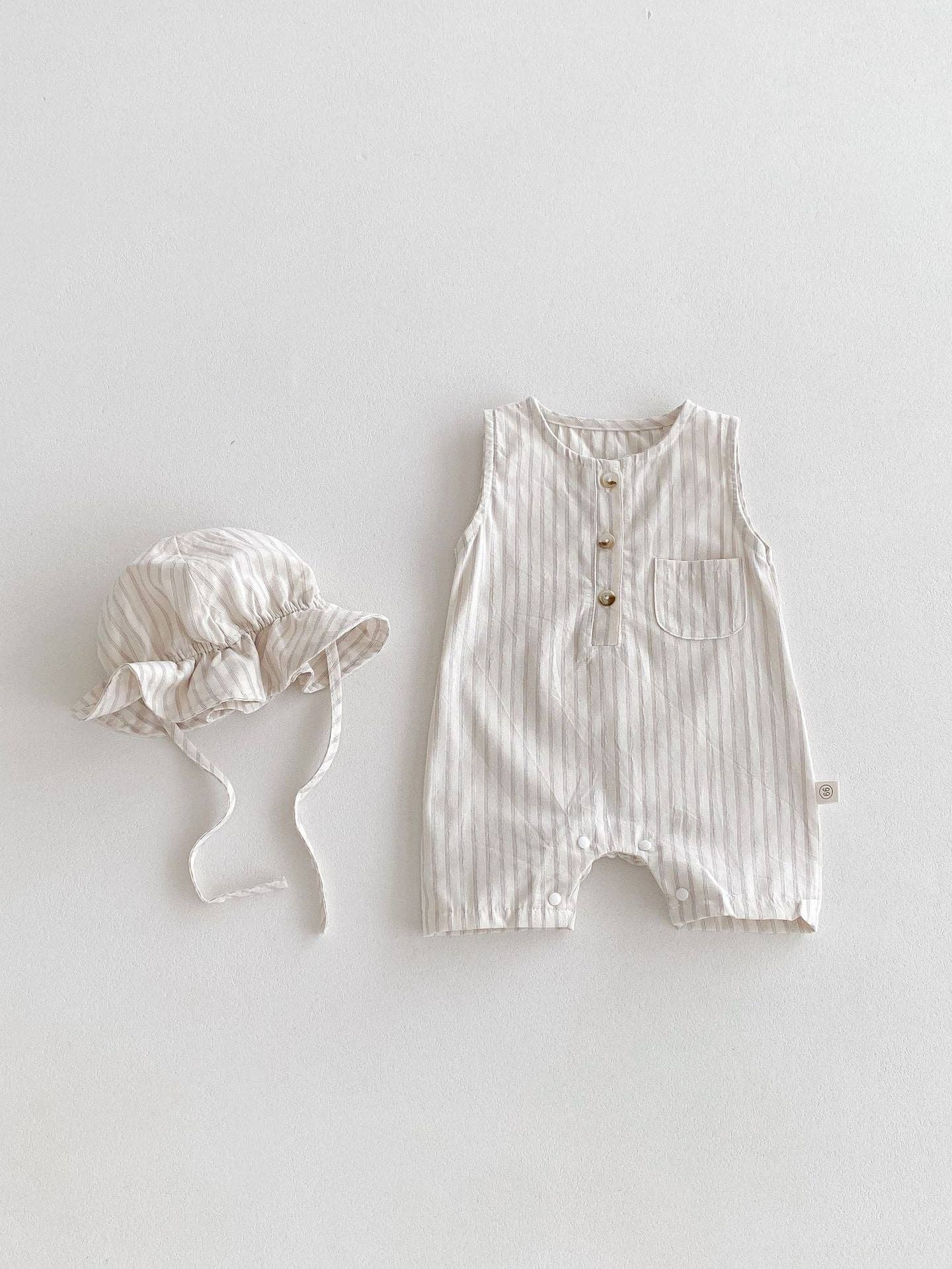 Design Summer Baby Kids Unisex Plain Simple Striped Pattern Crew Neck Sleeveless Romper: Apricot / 80 (9-12M)