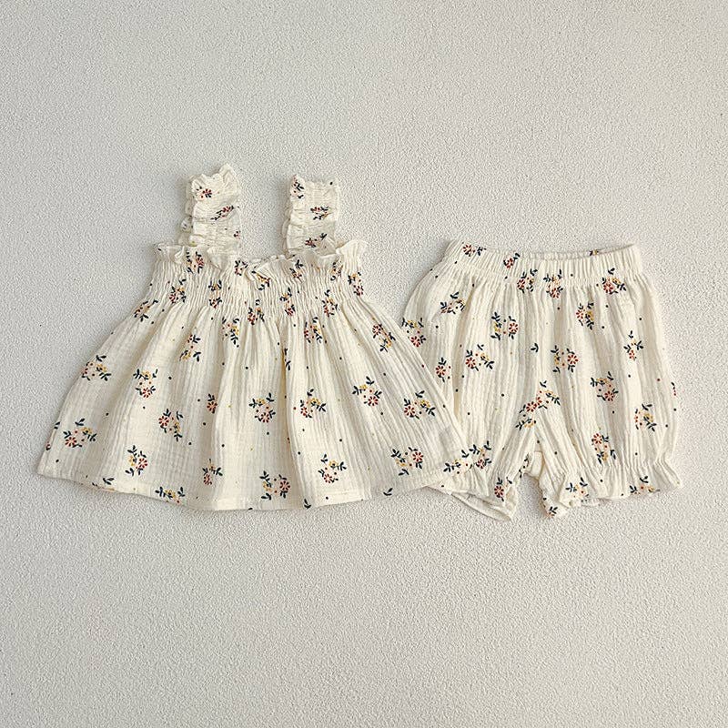 Summer Hot Selling Baby Girls Sleeveless Floral Pattern Strap Top Dress And Shorts Clothing Set: White / 73 (6-9M)