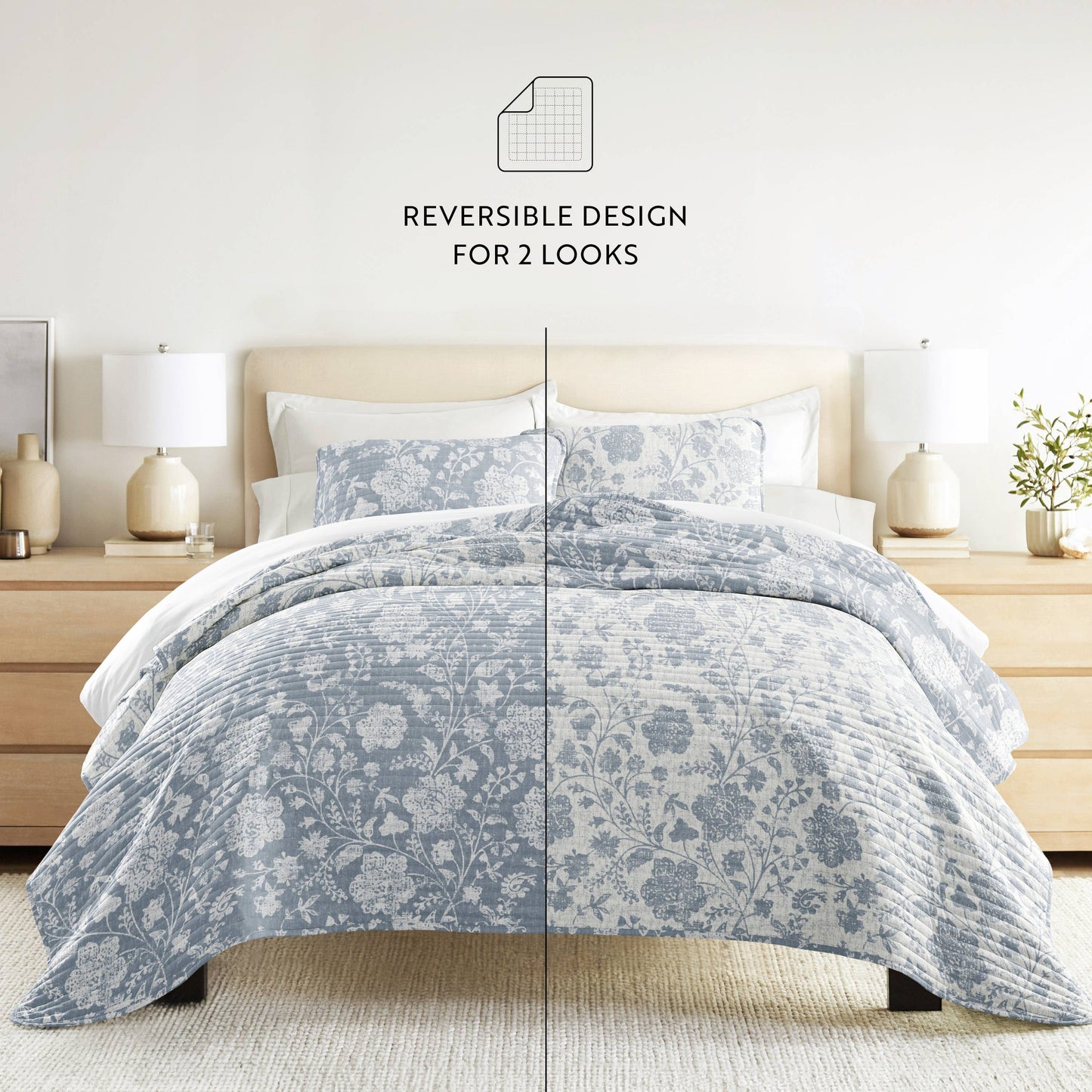 Textured Floral All Season Patterned Reversible Quilt Set: Rose / Full/Queen