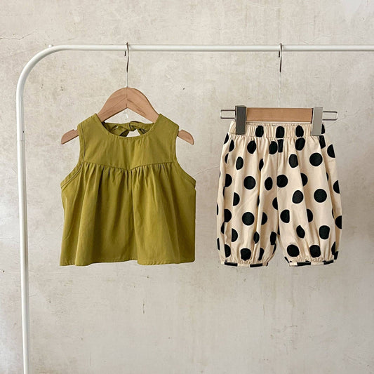 Summer Arrival Baby Girls Sleeveless Crew Neck Solid Color Top And Polka Dot Shorts Clothing Set: Green / 73 (6-9M)