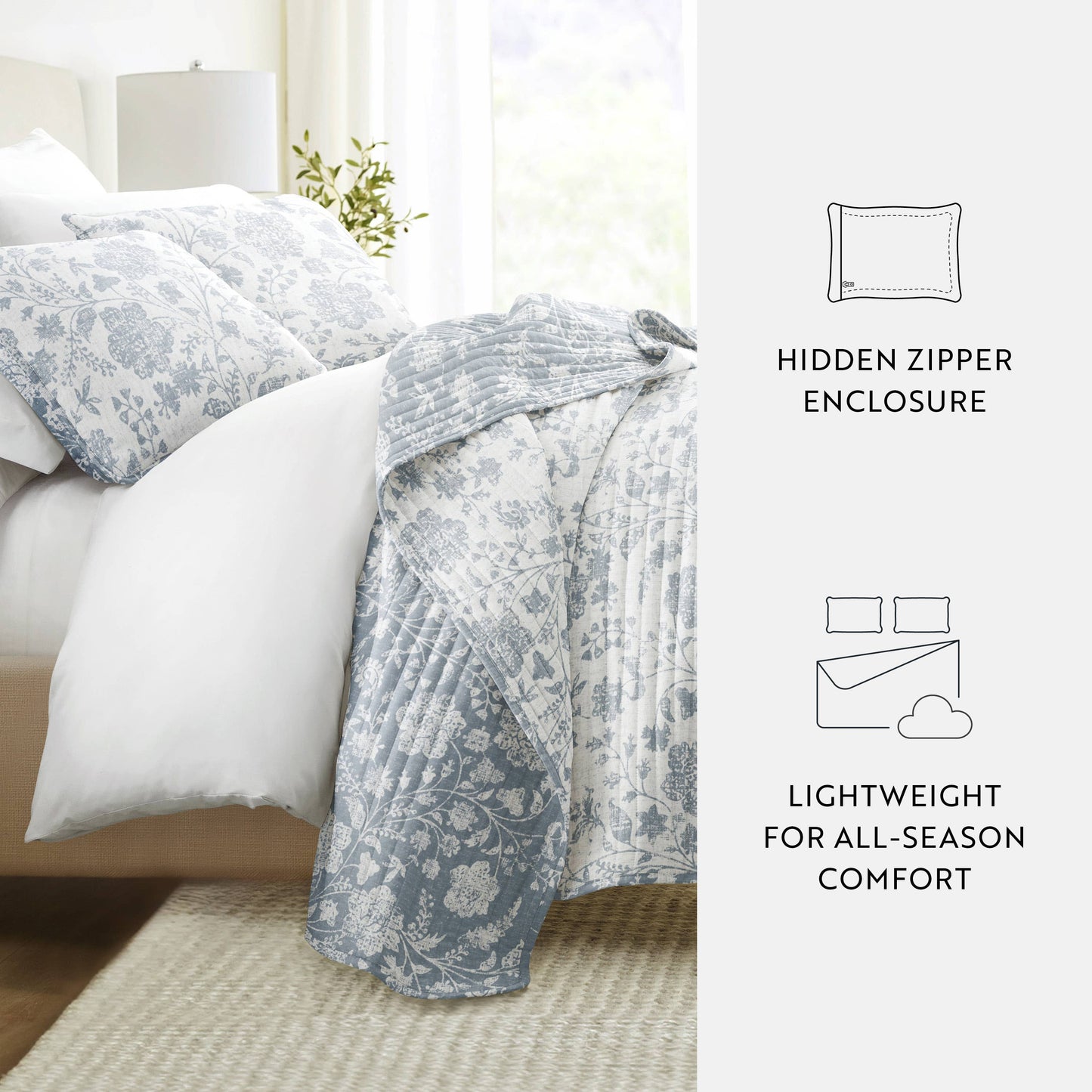 Textured Floral All Season Patterned Reversible Quilt Set: Eucalyptus / King/Cal-King