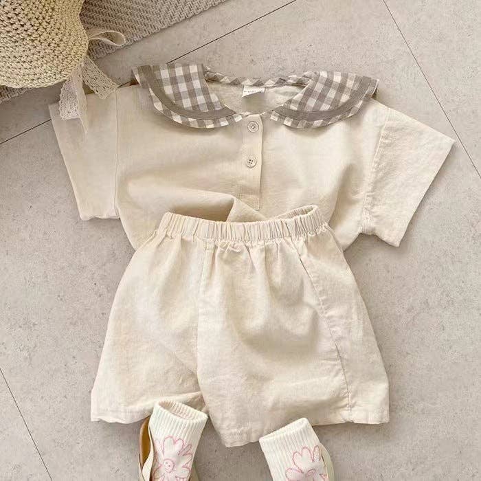 Summer Baby Kids Unisex Plaid Casual Navy Collar T-Shirt And Shorts Clothing Set: Beige / 66 (3-6M)