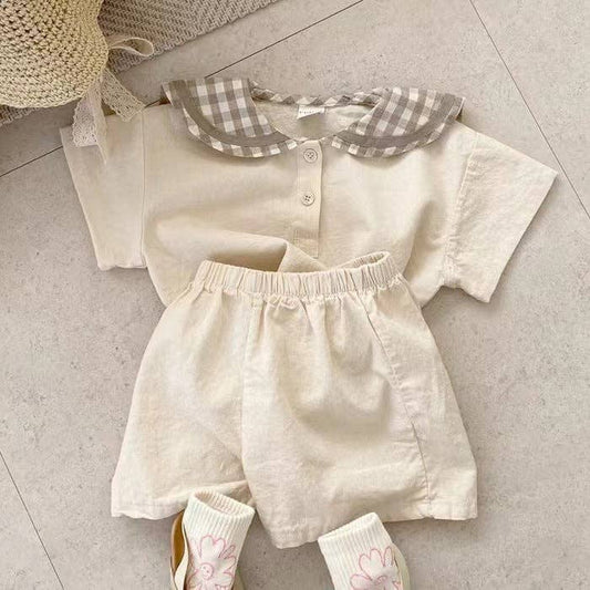 Summer Baby Kids Unisex Plaid Casual Navy Collar T-Shirt And Shorts Clothing Set: Beige / 66 (3-6M)