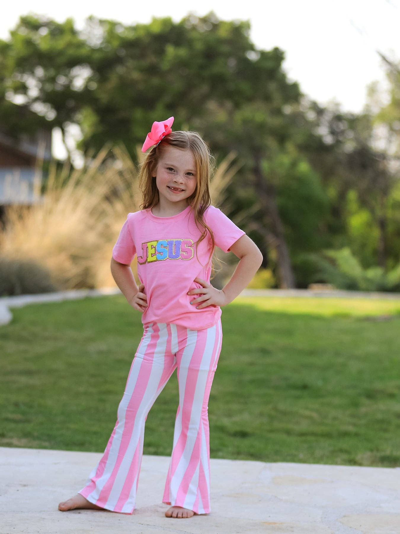 "JESUS"Girls' Applique Striped Trousers Set: 4