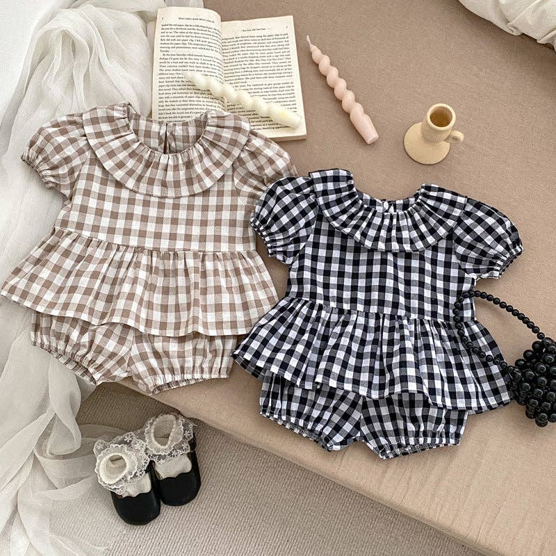 Summer Baby Kids Girls Plaid Short Sleeves Round Collar Top And Shorts Casual Clothing Set: Brown / 73 (6-9M)