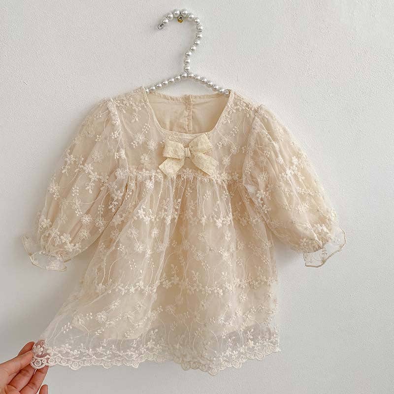 Baby Girl Mesh Patched Design Suqare Neck bodysuit Dress & Dress: Apricot / 80 (9-12M)