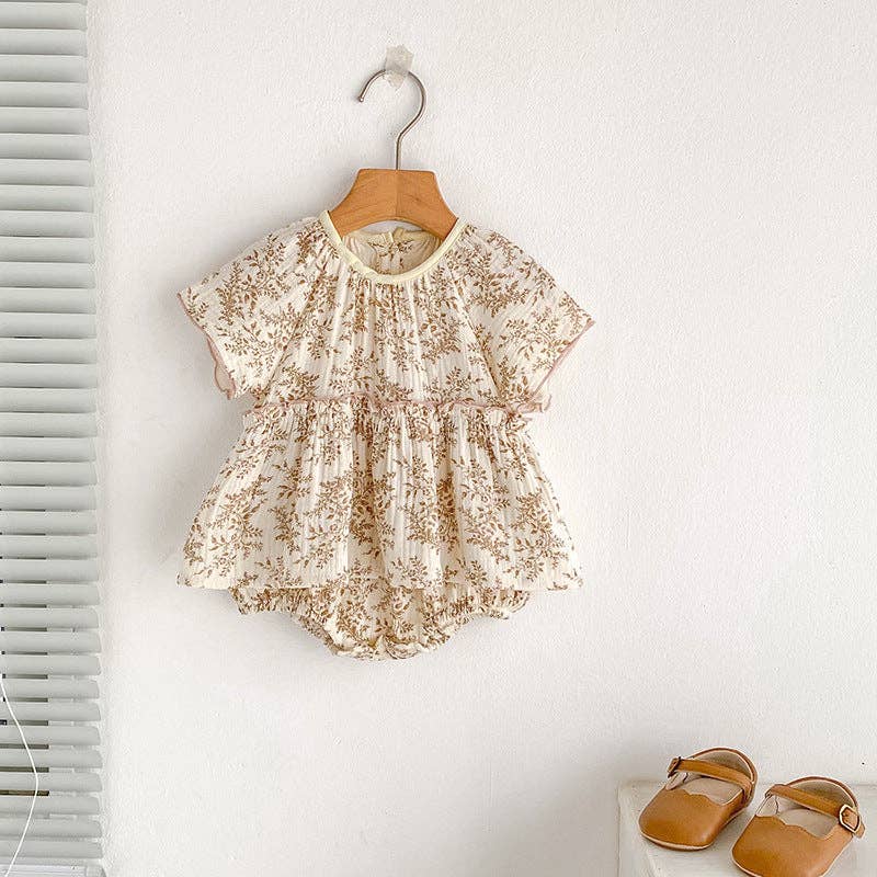 Summer Arrival Thin Floral Pattern Short Sleeves Crew Neck Onesies for Stylish Girls: Khaki / 73 (6-9M)