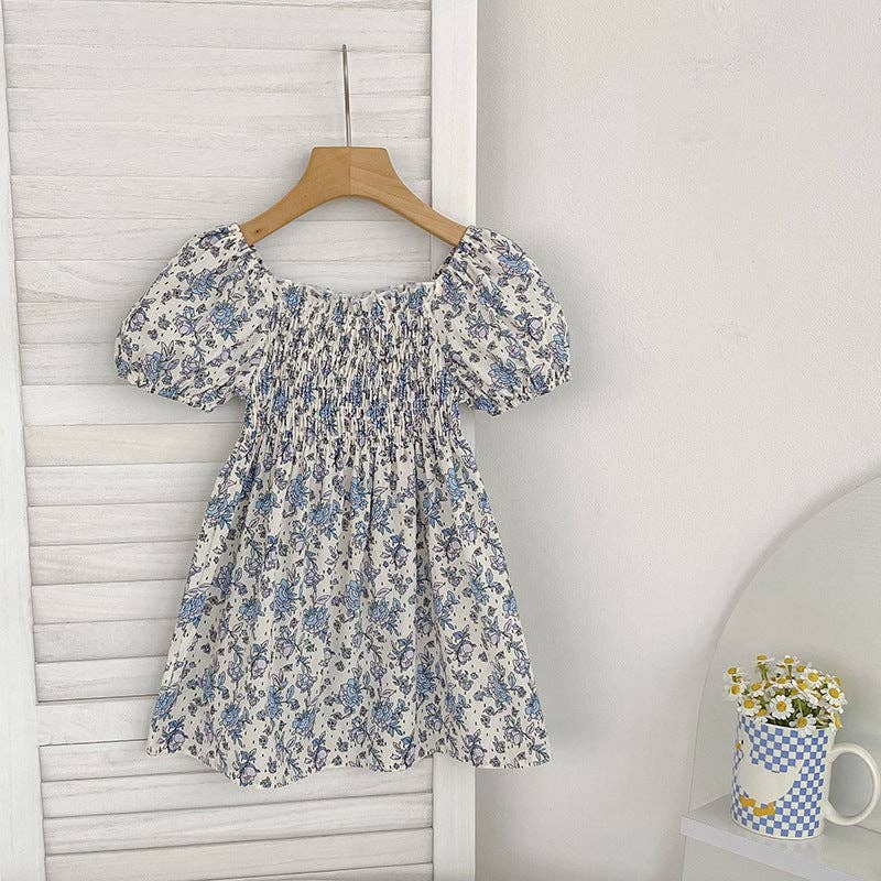 Summer Baby Girls French-style Flowers Pattern Short-sleeved bodysuit and Dress – Princess Sister Matching: Blue / 66 (3-6M)