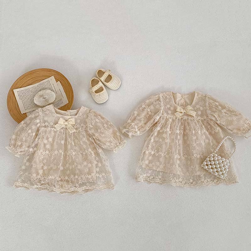 Baby Girl Mesh Patched Design Suqare Neck bodysuit Dress & Dress: Apricot / 73 (6-9M)