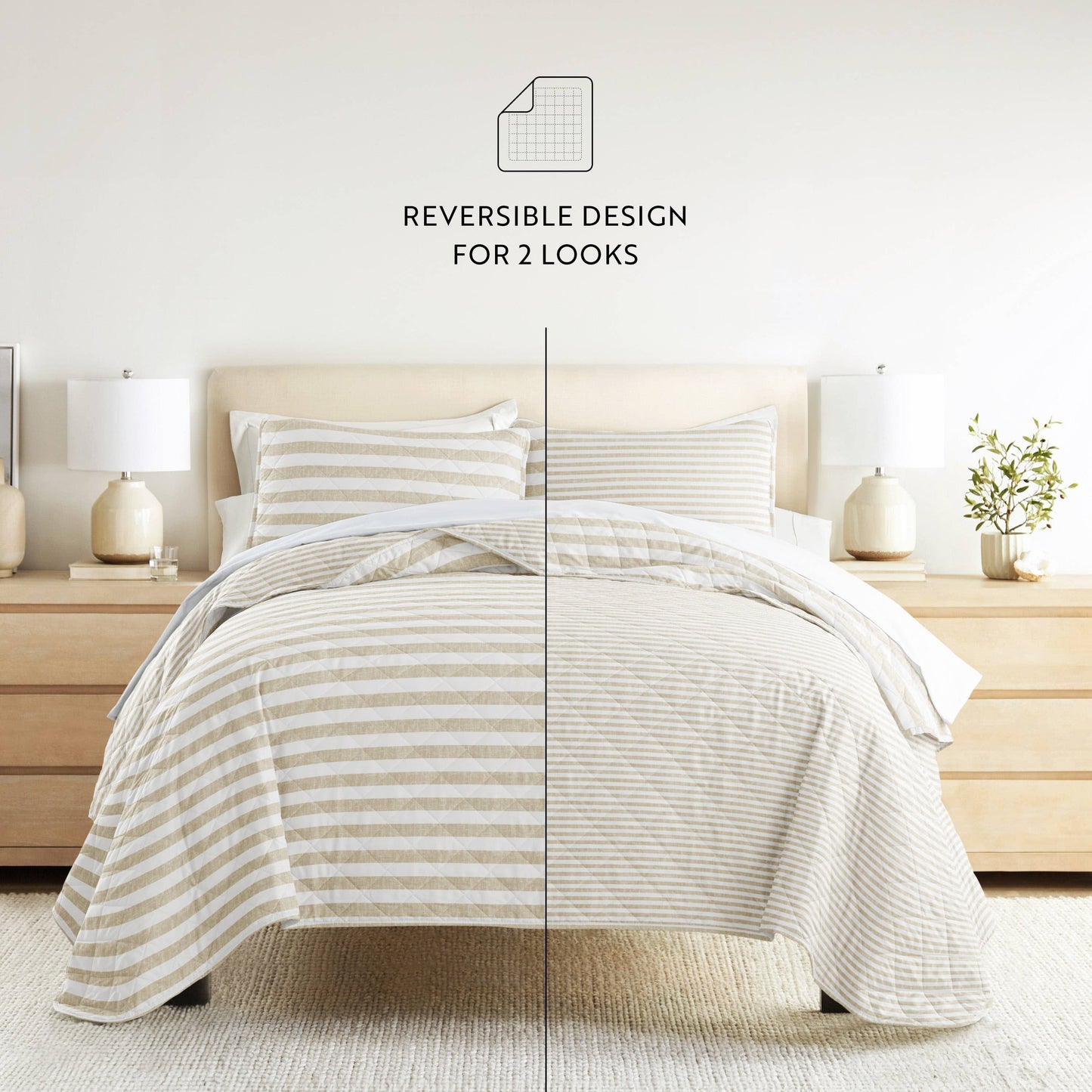 Classic Stripe All Season Patterned Reversible Quilt Set: Natural / Twin/TwinXL