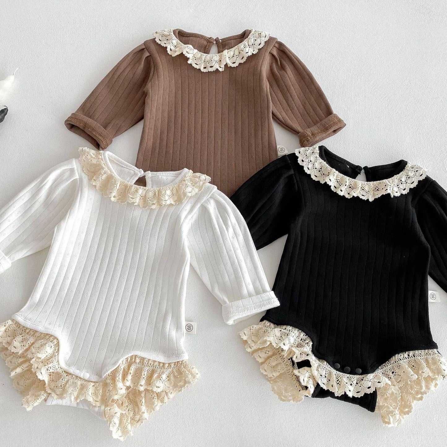 Autumn Arrival Baby Girls Long Sleeves Striped Pattern Hollow-out Collar bodysuit: Coffee / 90 (12-24M)