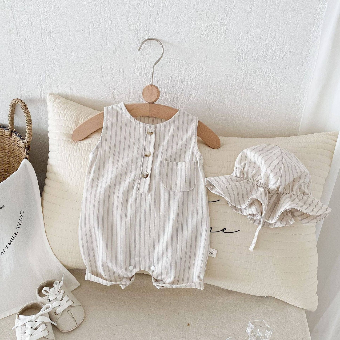 Design Summer Baby Kids Unisex Plain Simple Striped Pattern Crew Neck Sleeveless Romper: Apricot / 66 (3-6M)